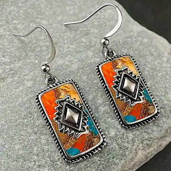 Silver Western Motif Aztec Boho Dangle Earrings